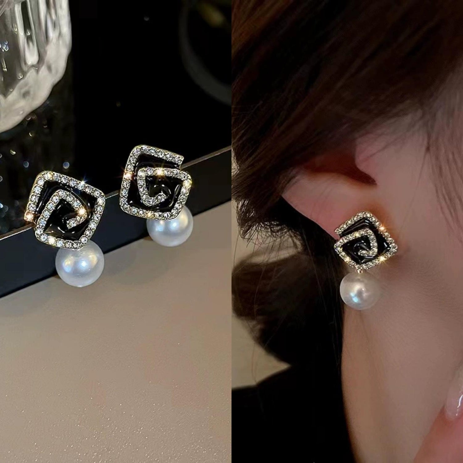 Black-Square-Pearl-Drop-Earrings 2