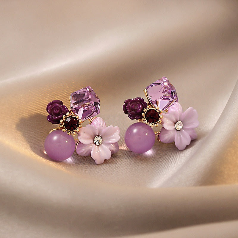 Purple Crystal Flower Earrings - Main Image
