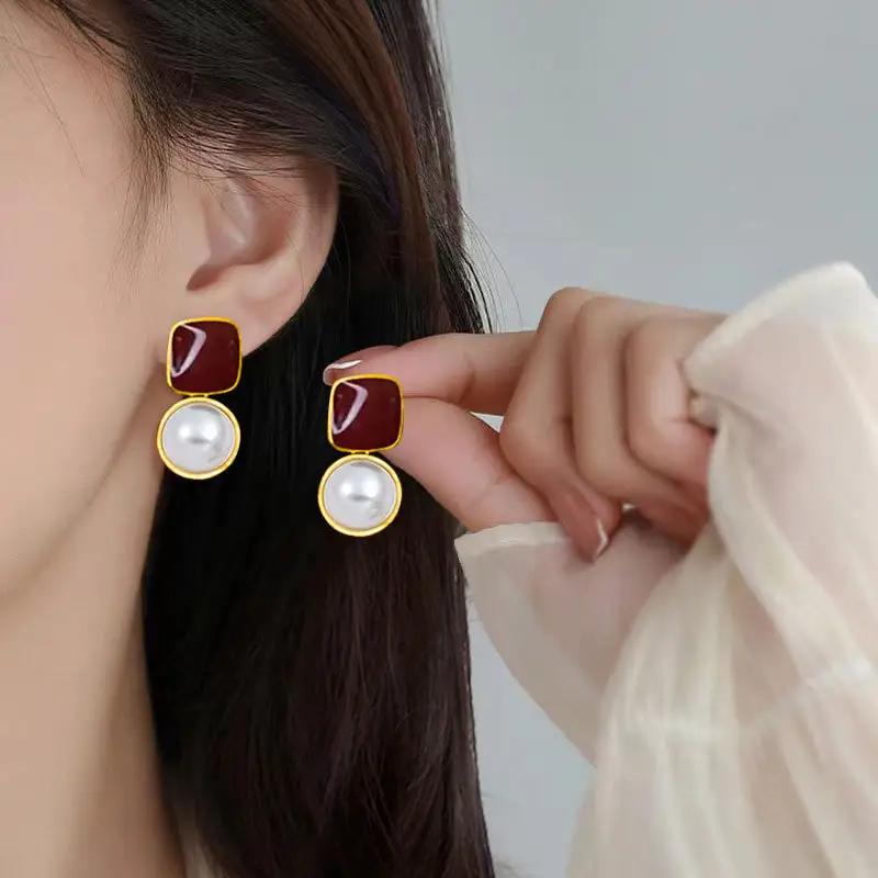 Red Crystal Pearl Drop Earrings