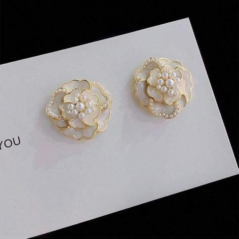 White Camellia Pearls Earrings