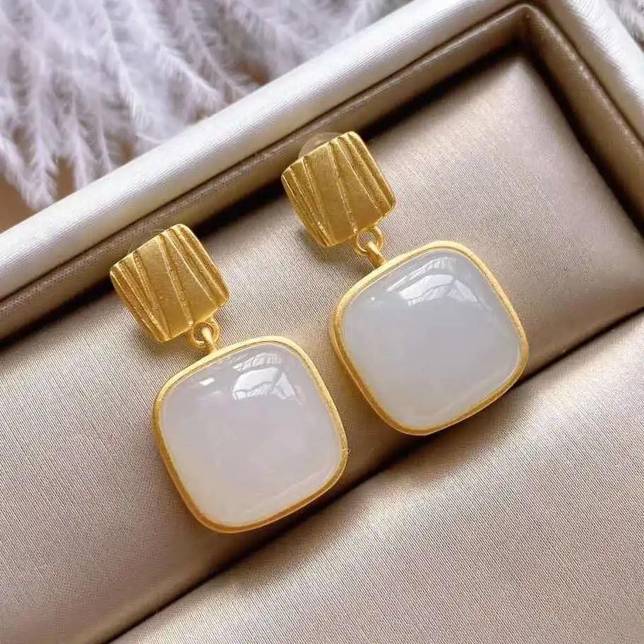White Stone Square Drop Earrings