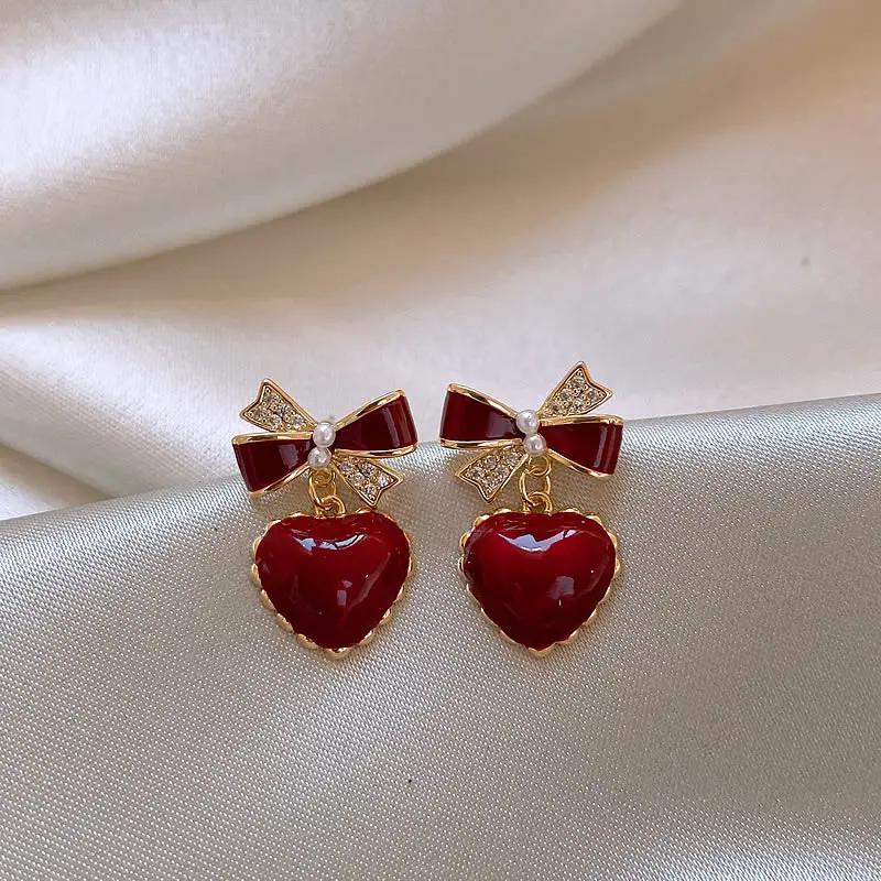 Wine Red Bow & Heart Earrings