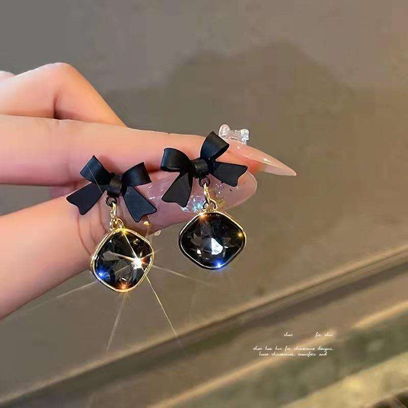 Black-Bow-Crystal-Drop-Earrings 1