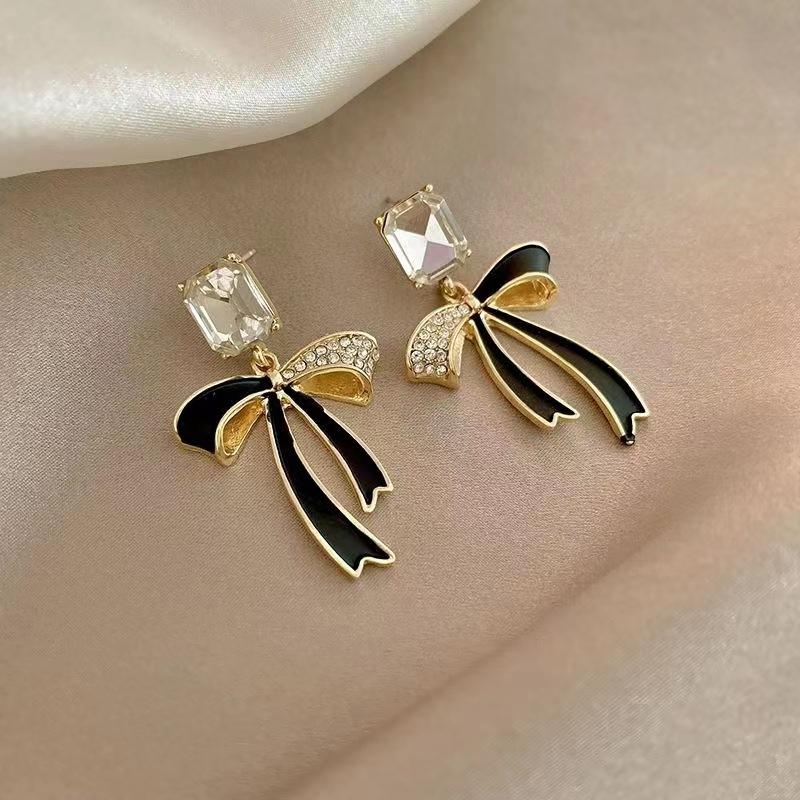Black-Ribbon-Rhinestone-Earrings 1