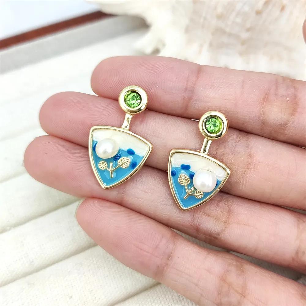 Blue Triangular Enamel Art Earrings