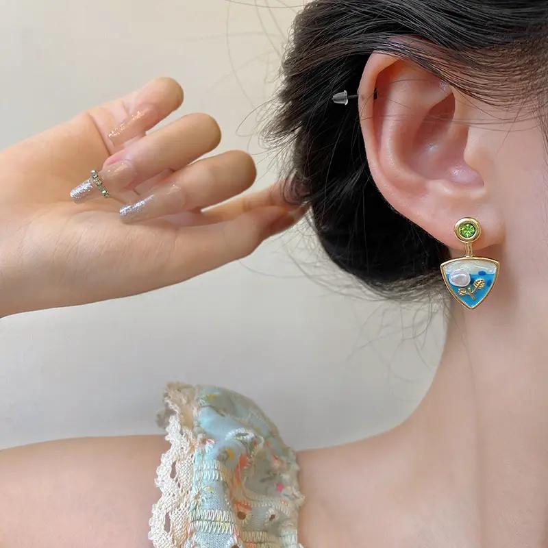 Blue Triangular Enamel Art Earrings