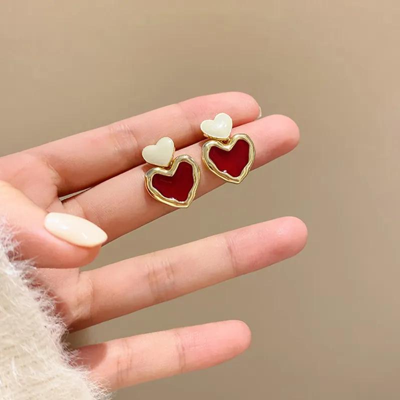 Burgundy Enamel Heart Earrings