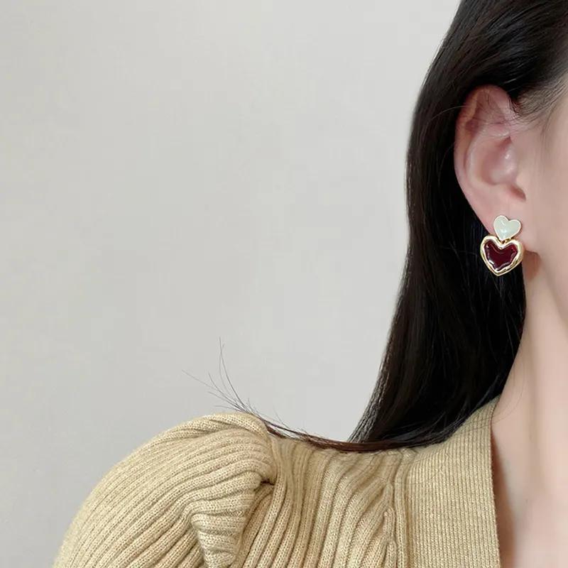 Burgundy Enamel Heart Earrings