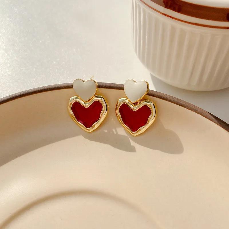 Burgundy Enamel Heart Earrings