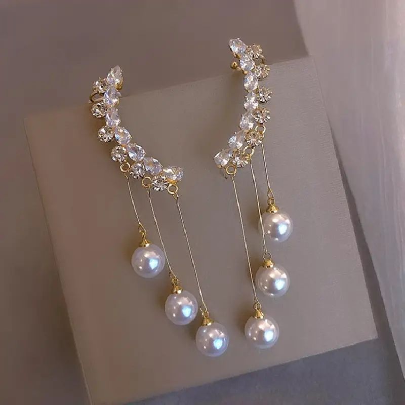 Crystal-Earcuff-Pearl-Tassel-Earrings 1