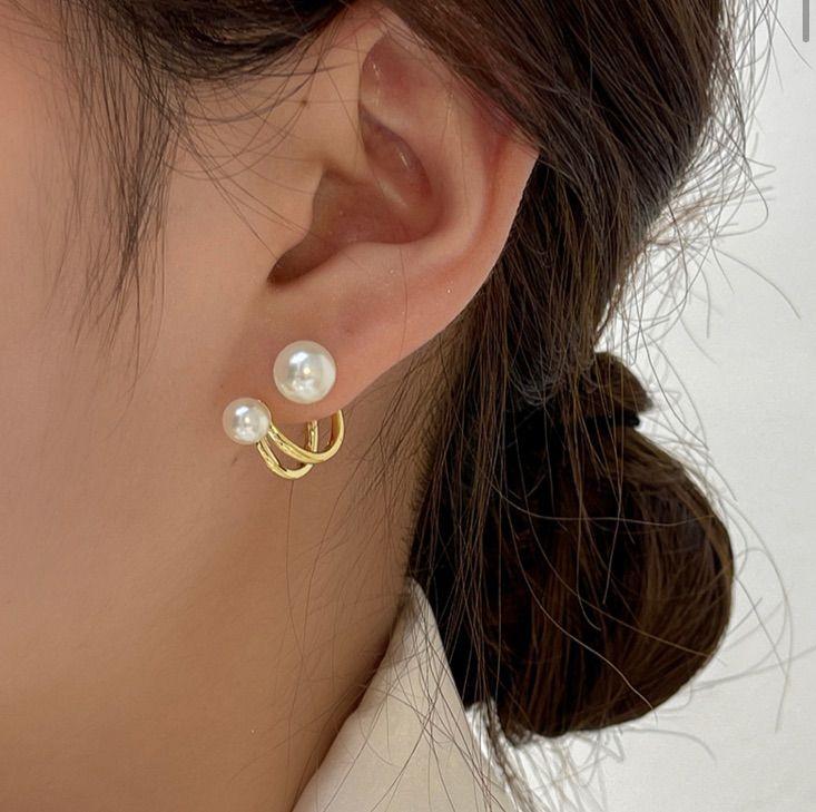 Dual Pearl Golden Stud Earrings