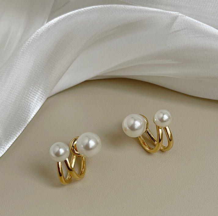 Dual Pearl Golden Stud Earrings
