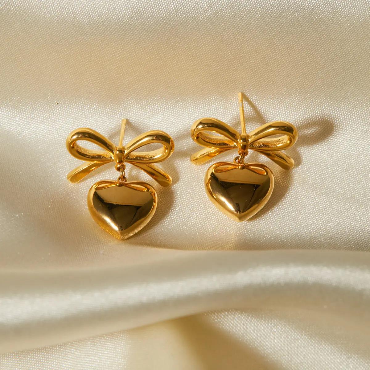 Golden Bow & Heart Earrings