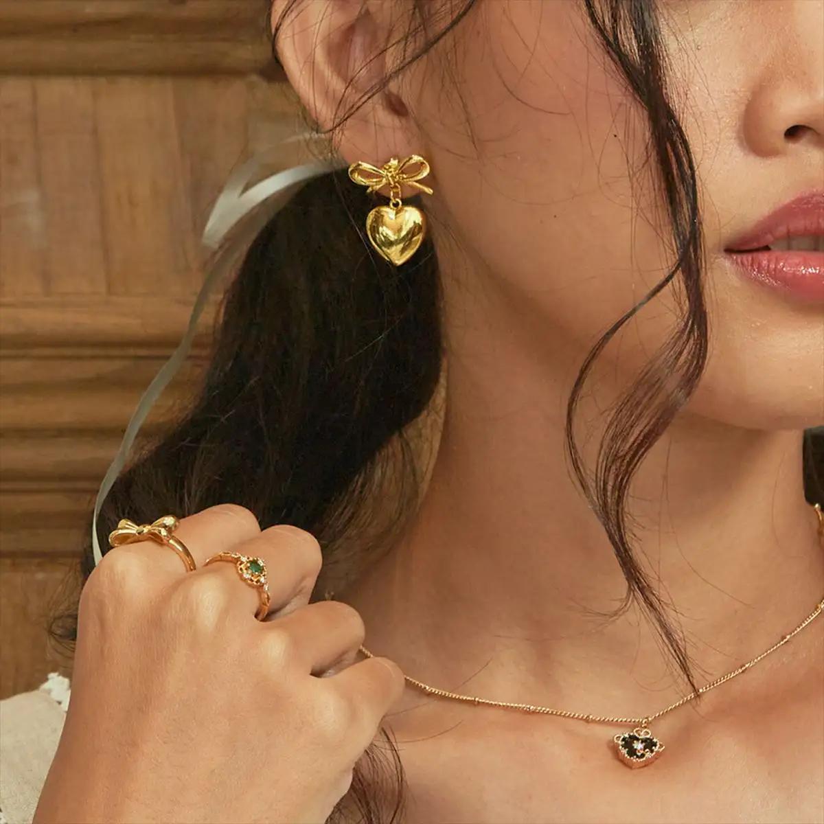 Golden Bow & Heart Earrings