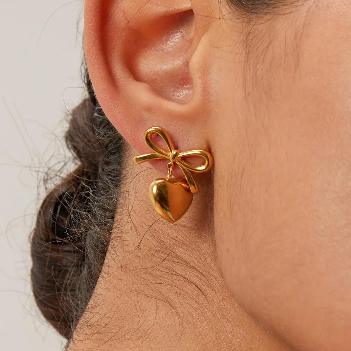 Golden Bow & Heart Earrings