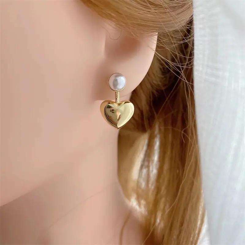 Golden Heart Pearl Stud Earrings