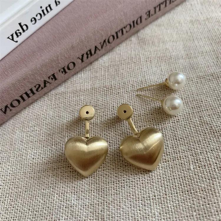 Golden Heart Pearl Stud Earrings