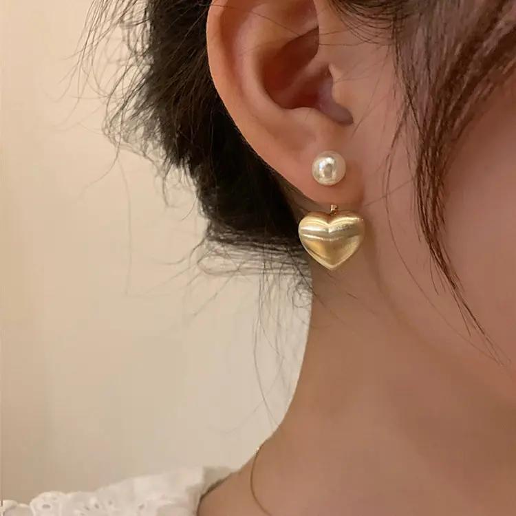 Golden Heart Pearl Stud Earrings