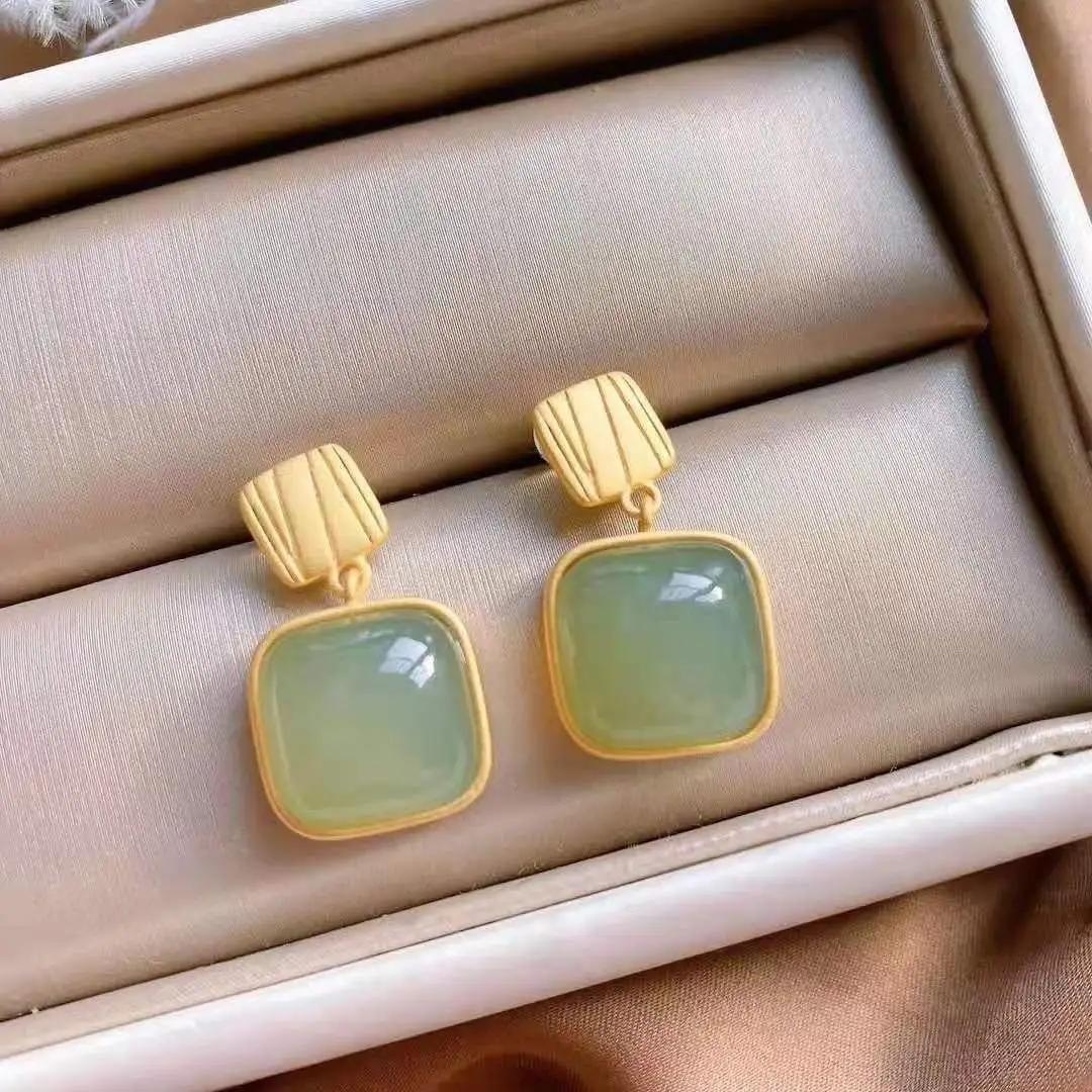 Green Stone Square Drop Earrings