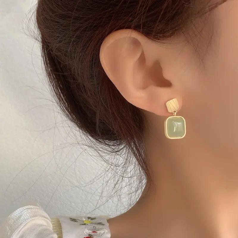 Green Stone Square Drop Earrings