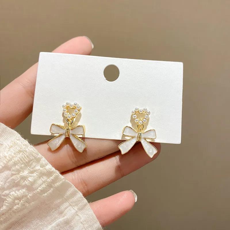 Pearl Hear & Bow Drop Earrings