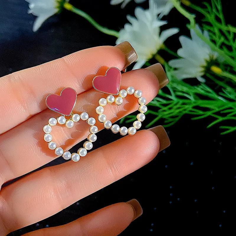 Radiant Ruby Heart Pearl Earrings