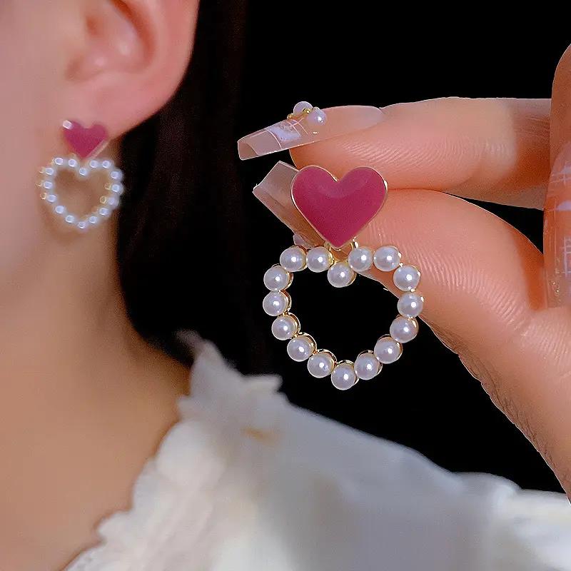 Radiant Ruby Heart Pearl Earrings