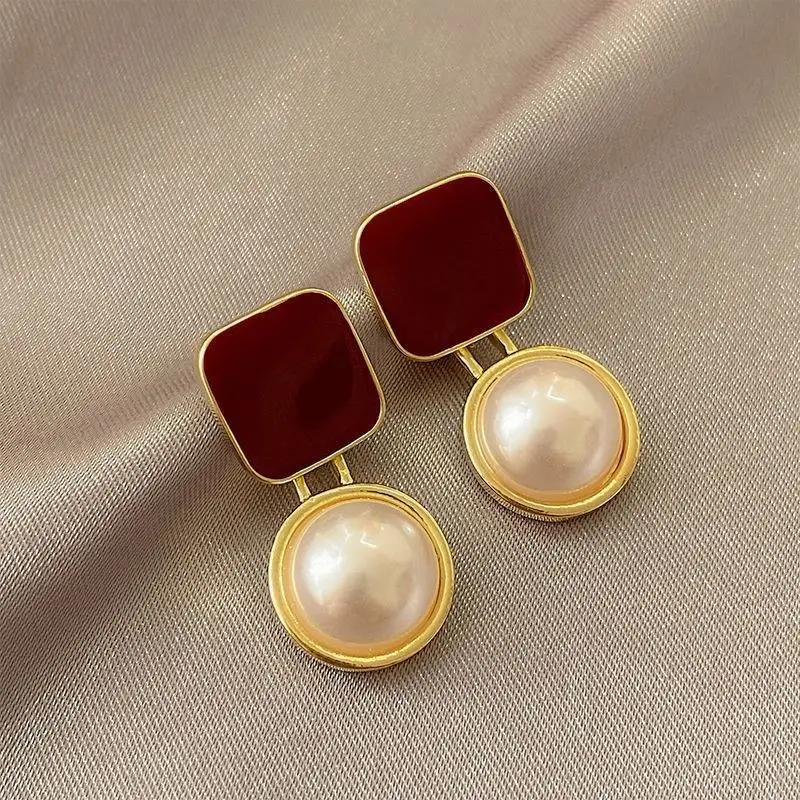 Red Crystal Pearl Drop Earrings