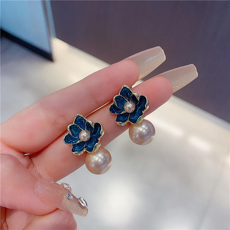 Teal-Flower-Pearl-Drop-Earrings 1