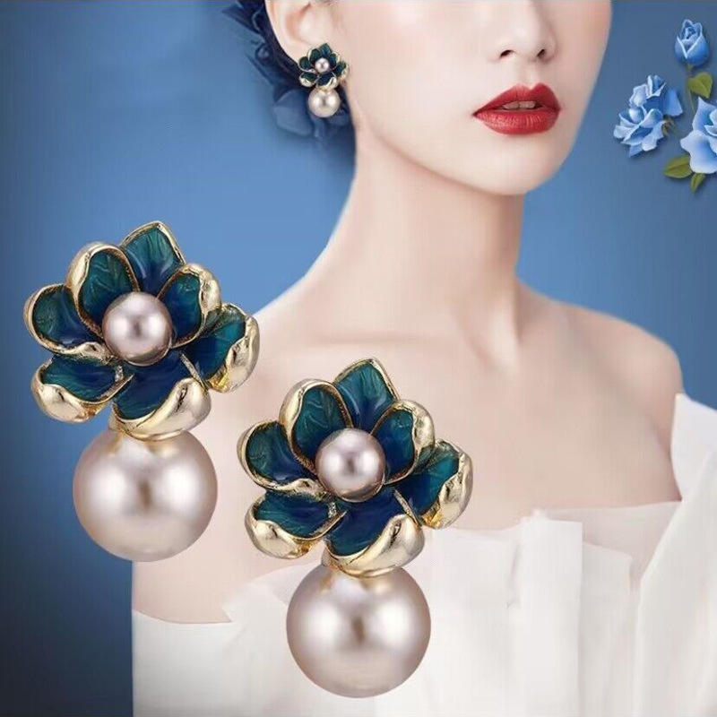 Teal-Flower-Pearl-Drop-Earrings 2