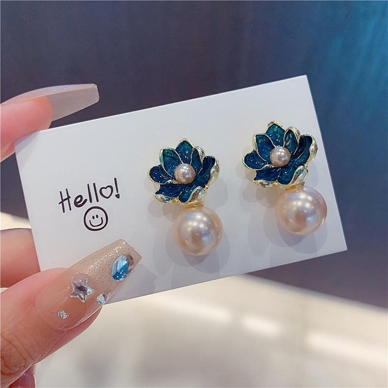 Teal-Flower-Pearl-Drop-Earrings 3