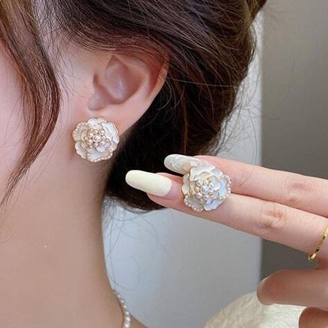 White Camellia Pearls Earrings