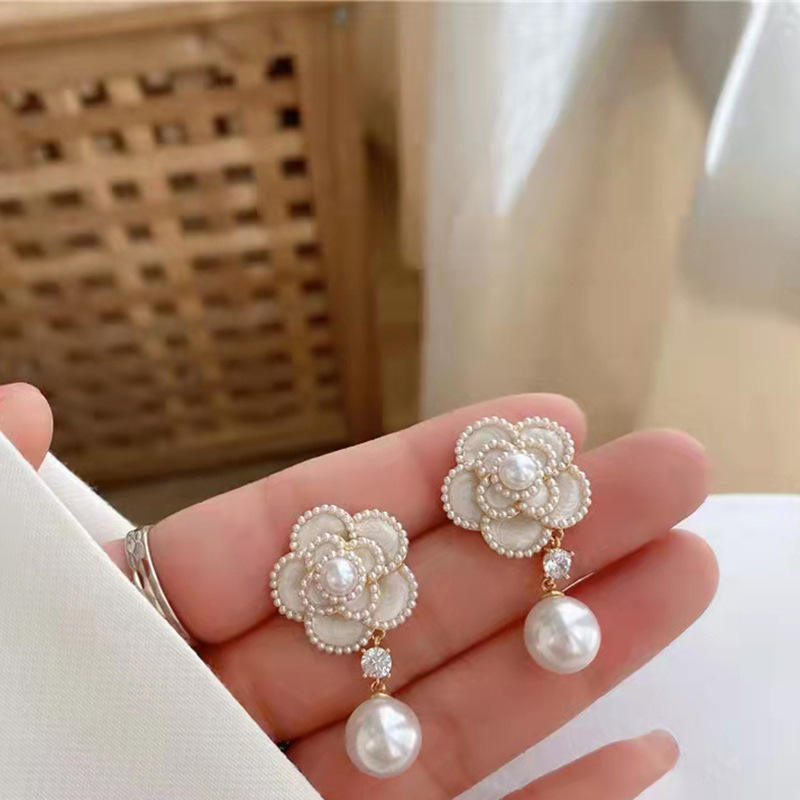 White-Flower-Pearl-Drop-Earrings 3