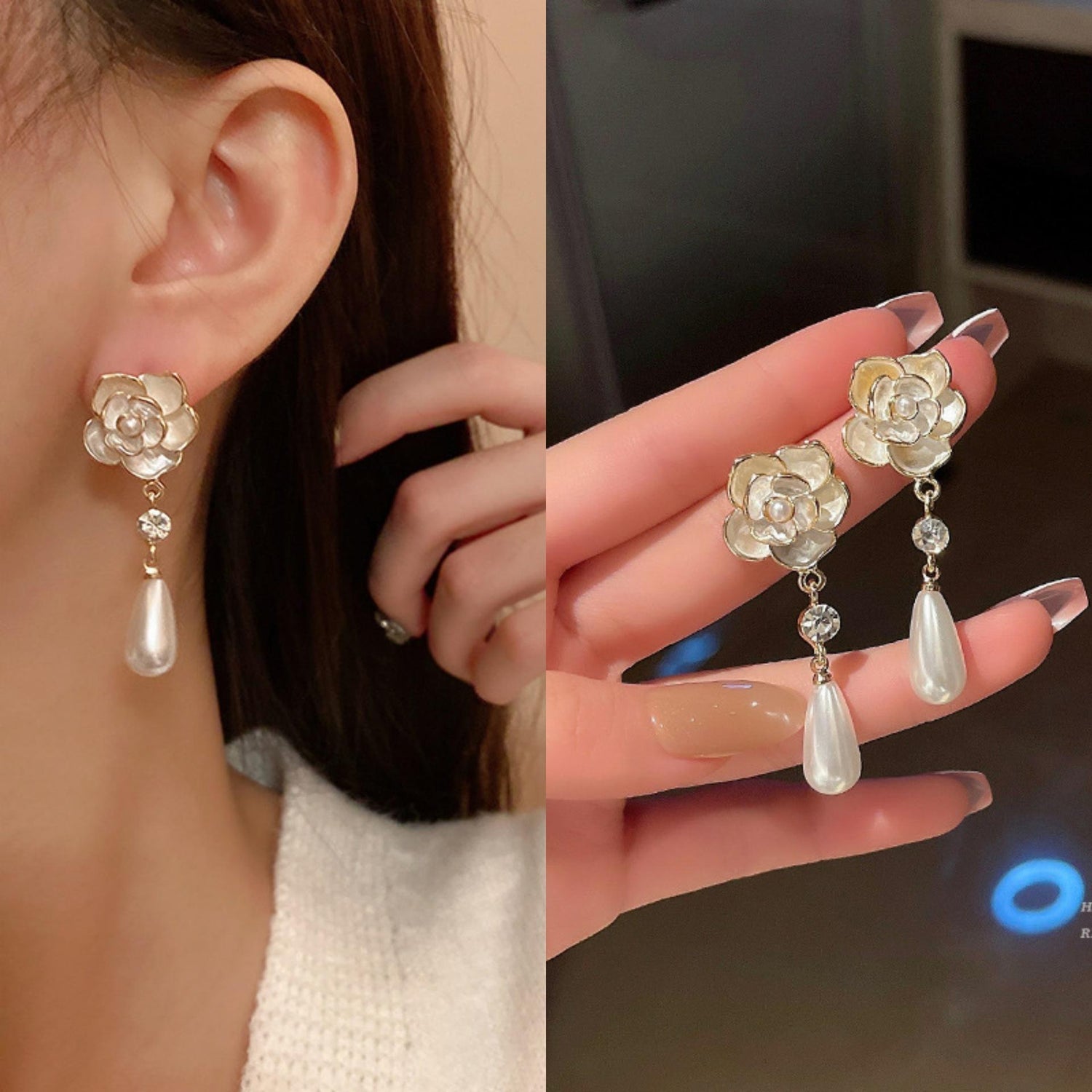 White-Flower-Teardrop-Pearl-Earrings 2