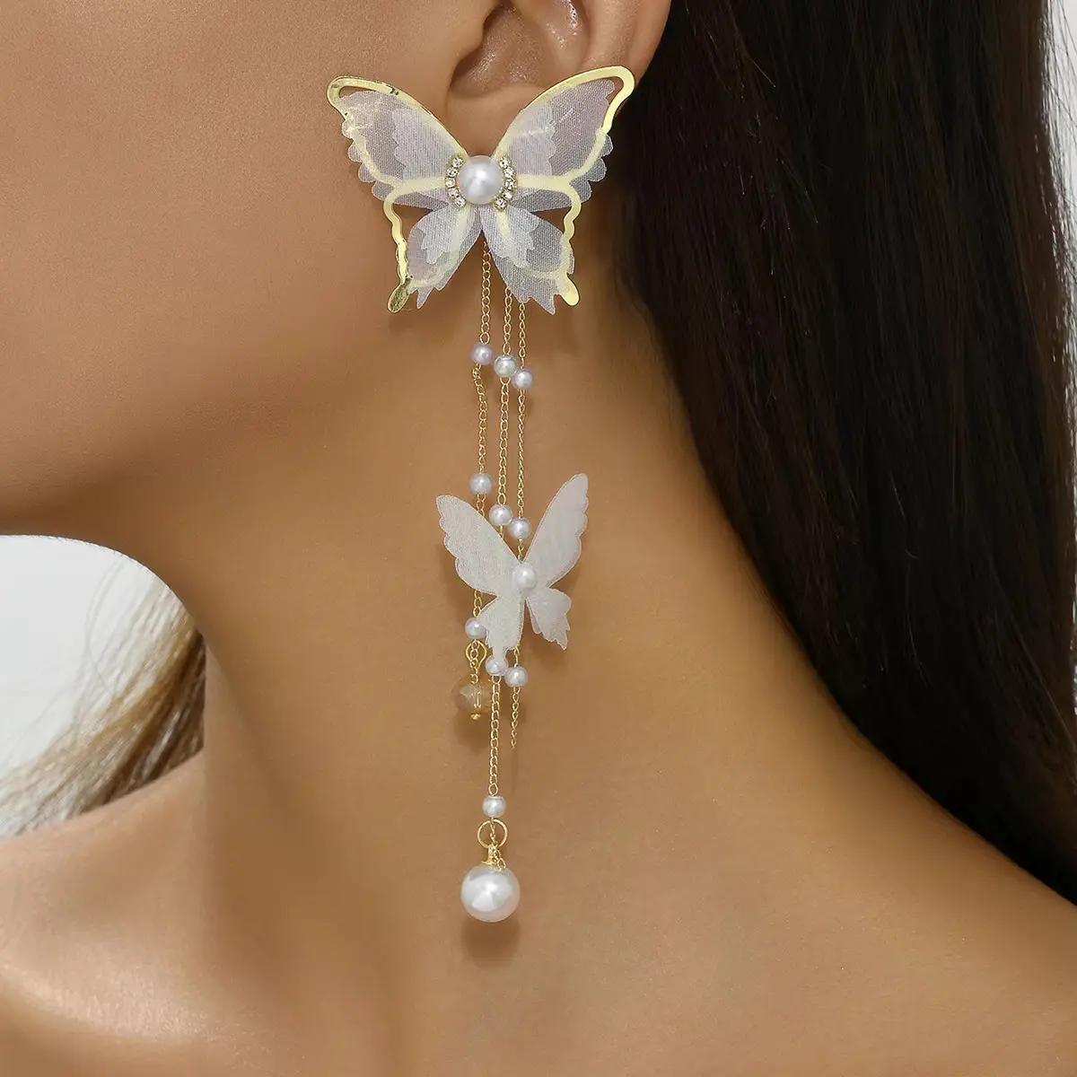 White Lace Twin Butterfly Dangle Earrings