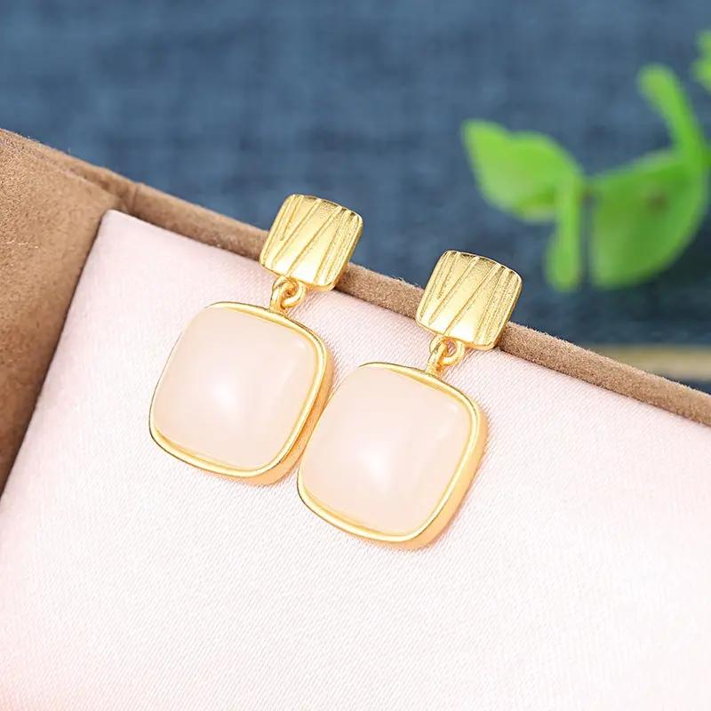 White Stone Square Drop Earrings