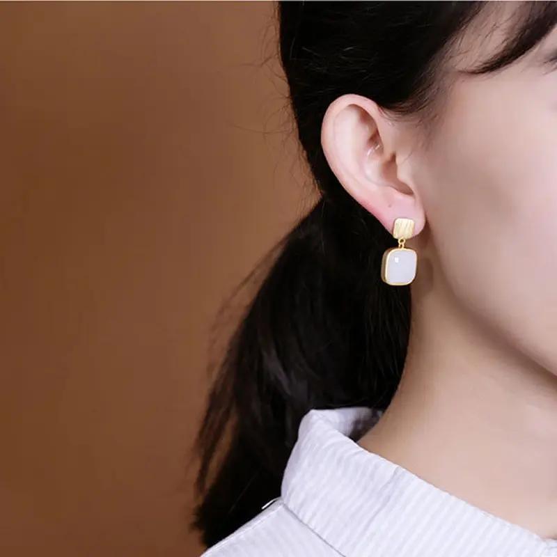 White Stone Square Drop Earrings