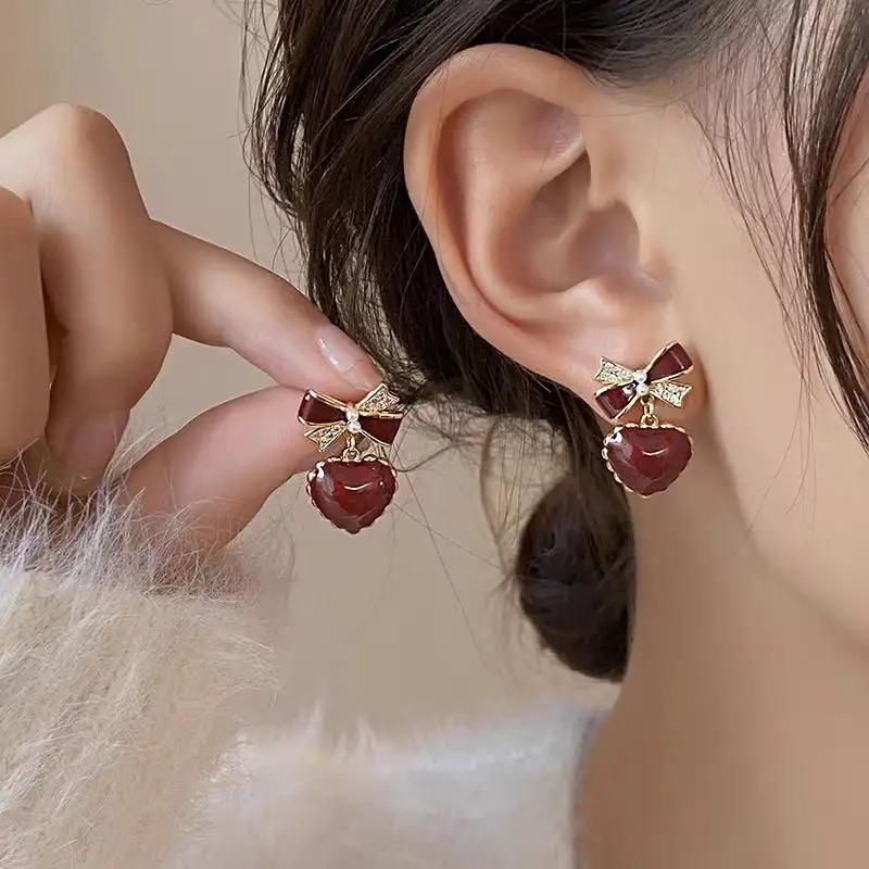 Wine Red Bow & Heart Earrings