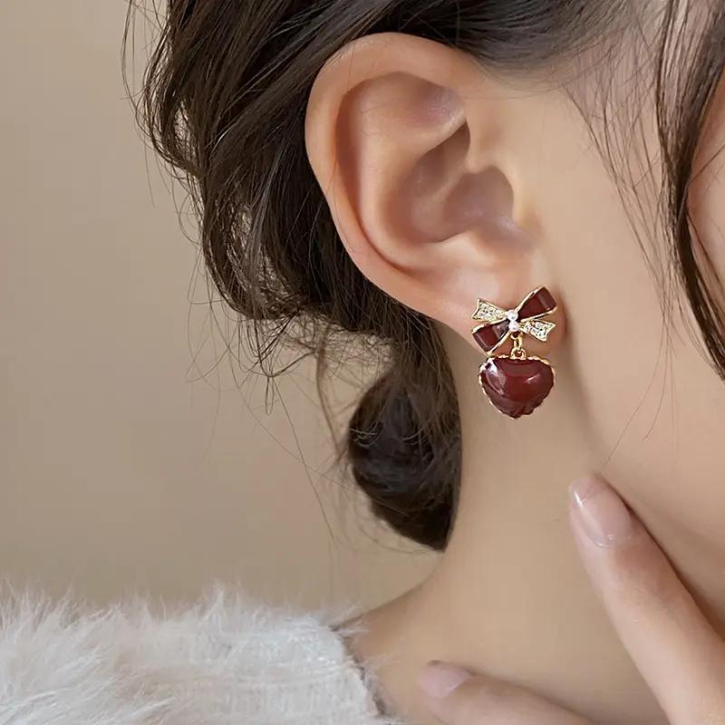 Wine Red Bow & Heart Earrings
